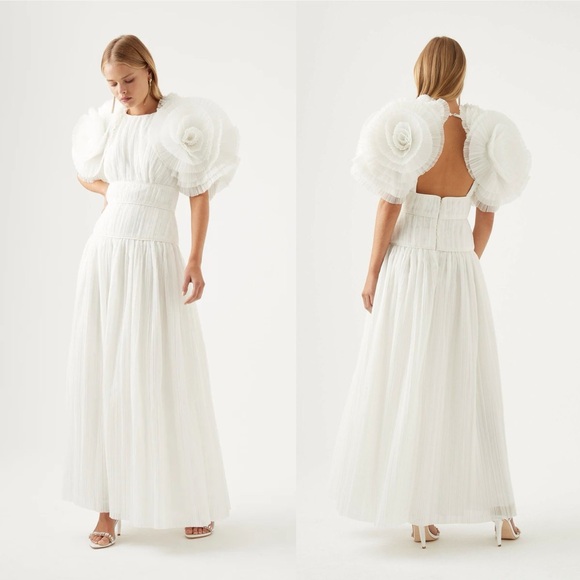 Aje Sculptura Expressive Ruffle Detailed Pleated Organza Maxi Dress White Bridal - Picture 16 of 16